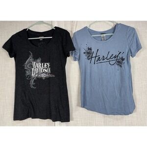 Harley Davidson Lot of 2 Women's T-Shirts S M Blue  Bling Shirts Small Medium